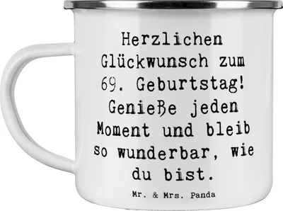 Produktbild von Mr. & Mrs. Panda Teetasse Spruch 69. Geburtstag Glückwünsche - Weiß - Geschenk, Glück, Liebe, Emaille Becher, Tasse, Happy Birthday, Kaffeepott, Alter, Teebecher, Pott
