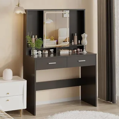 Productafbeelding van Make-uptafel met LED-verlichting, 3 verstelbare helderheidsniveaus, make-uptafel met spiegel en opbergruimte voor sieraden, twee lades, modern design, 90 x 40 cm (zwart)