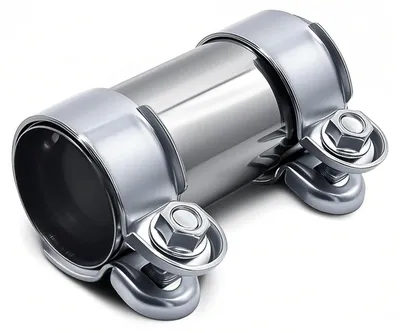 Imagen del producto de Abrazadera de escape doble, fabricada en acero inoxidable, con un diámetro de 70 mm y una longitud de 125 mm, para tubos de escape