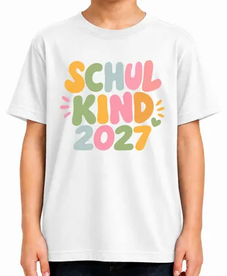 Immagine prodotto di Maglietta per bambini, tema "inizio della scuola 2027", con immagine di una bambina e un bambino, stile boho e retrò, ideale per il primo giorno di scuola, colore bianco, taglia 128