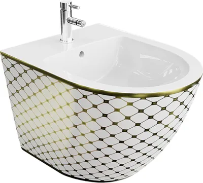 Produktbild von LAVITA Universal Wand-Bidet Sofi Checked Gold mit Hahnloch und Überlaufschutz aus Keramik | Sitzwaschbecken zur Montage an der Wand | Hygienisch und Pflegeleicht | 36,5x49x32,5 cm |
