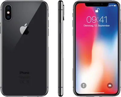A three-view product shot of an Apple iPhone X.