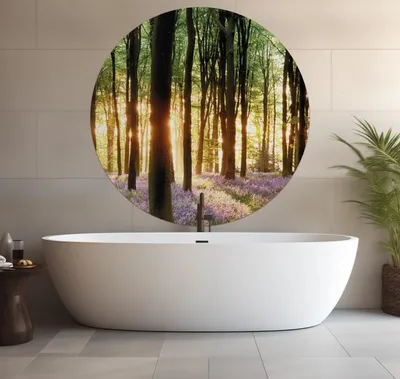 Produktbild von Wallario wasserfestes Poster selbstklebend 120 x 120 cm, Blaue Hasenglöckchen im Wald mit Sonnenstrahlen, Badezimmerposter Spritzschutz mit Hochglanzoberfläche in Glasoptik