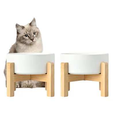 Produktbild von 2er Futternapf für Hunde und Katzen, Erhöhter Keramik Napf mit Bambus Ständer, 1800ml Hundenapf, Weiß Futternapf Katze