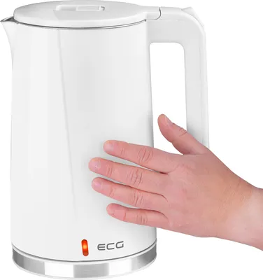 A hand is touching a white electric kettle.