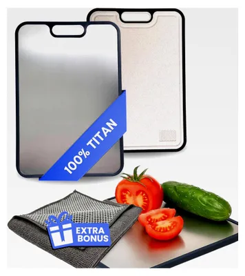 Produktbild von Titan-Schneidebrett - Antibakteriell, , Hygienisch, Rutschfest | 100% Titan Schneidebrett, messerschonend | Großes Küchenbrett inklusive Multifunktionstuch