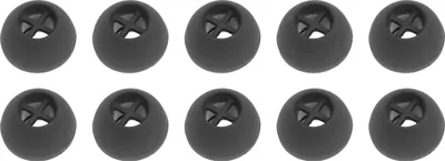 A top-down view of ten black earbud tips arranged in two rows of five.