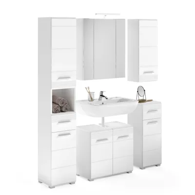 A set of white bathroom furniture, including cabinets and a sink, arranged against a white background.