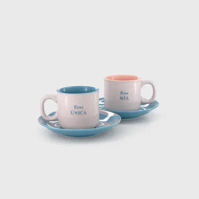 2 Espressotassen aus Keramik mit Untertassen – Liebesmotiv