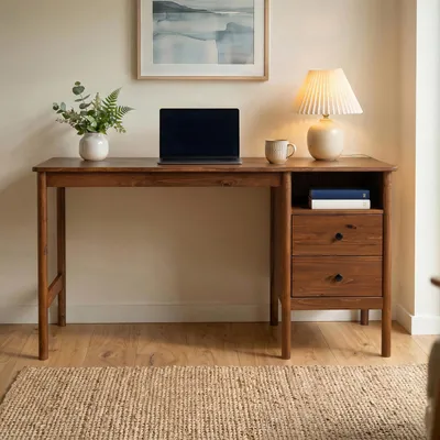 Produktbild von Schreibtisch BOSSA aus Massivholz, Kastanie Finish - Homeoffice Tisch mit Stauraum, Tisch aus massivem Kiefernholz mit 2 Schubladen, offene Nische, ideal für Homeoffice, Büro und Arbeitszimmer