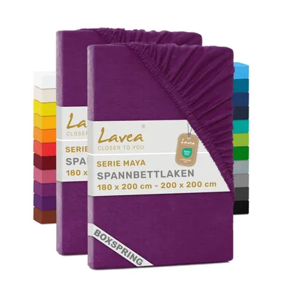 Produktbild von Lavea® 2er Pack Spannbettlaken 180/200x200 cm, Jersey Bettlaken 100% Baumwolle – Boxspringbetten, Wasserbetten, Matratzen bis 35 cm – Fliederlila