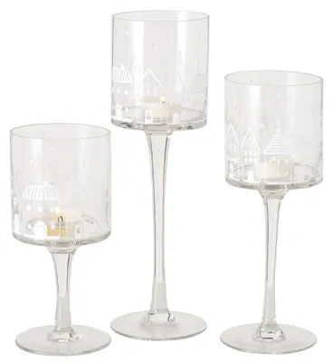 Zdjęcie produktu dla 3-częściowy zestaw latarni Nordy przezroczyste białe domy stojak na świecę na nóżce świecznik na tealight
