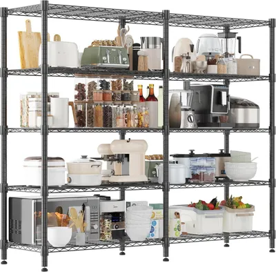 Zdjęcie produktu dla Profesjonalny metalowy regał magazynowy 5 półek – regulowany regał druciany 46 × 183 × 183 cm do garażu, kuchni lub spiżarni, czarny