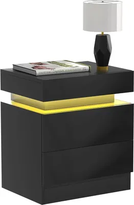 Produktbild von Nachttisch mit LED,Nachttische Hochglanz Front,Nachtkommode mit 2 Schubladen,mit1 Klappdeckel,Beistelltisch Sofatisch für Zuhause 45x35x52cm Schwarz