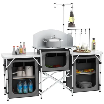 Produktbild von Outsunny Campingküche klappbar, Outdoor Küche mit Windschutz, 3 Schränkfach