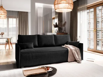 Produktbild von Sofa MESTOR Schwarz Kordstoff mit Schlaffunktion, Sofa mit Bettkasten, Sofa mit Bettkasten, Wohnzimmersofa, Couch, Soffa, Bettsofa, Couchgarnitur- Schwarz, POSO 135