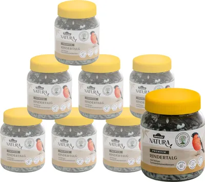 Produktbild von Dehner Natura Premium Wildvogelfutter, Rindertalg im Glas, Sonnenblumenkerne, Ganzjahresfutter energiereich / zuckerfrei, hochwertiges Vogelfutter für Wildvögel, 8 x 250 g (2 kg)