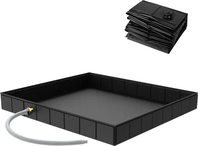A black foldable shower tray with a hose attached is shown, with a folded version of the tray in the upper right corner.