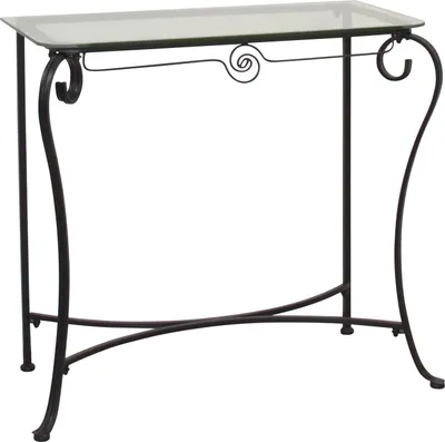 A console table with a glass top and a black metal frame.