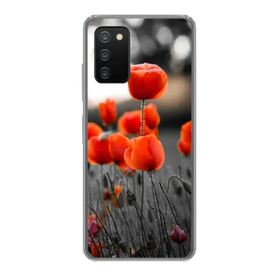 Produktbild von MuchoWow® Handyhülle Schutzhülle Hülle für Samsung Galaxy A03s Rote Mohnblumen vor schwarzem und weißem Hintergrund Silikon Softcase Handy Hülle - Schutz