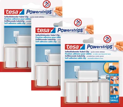 Three packages of tesa Powerstrips cable clips are displayed side-by-side against a white background.