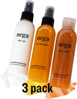 Obrázek produktu pro Letní sada na opalování 9×150 ml, samoopalovací fluid, AfterTan mléko a tělový peeling, veganská péče - 3xNegaFullBundle