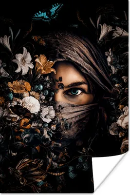 Produktbild von MuchoWow® Poster Frau - Luxus - Blumen - Schmetterling - Porträt 80x120 cm - Papierdruck