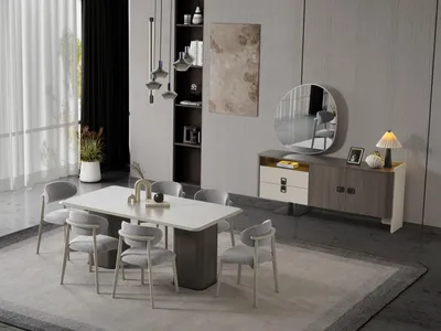 Produktbild von Elegantes Esszimmer-Set aus Holz und Textil in Beige
