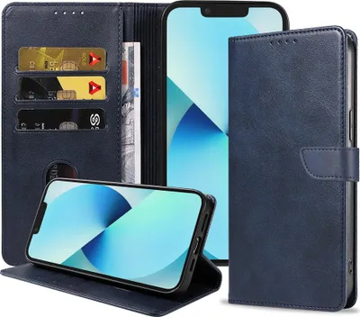 Produktbild von Geeignet für iPhone 13 Mini Handytasche Kunstleder mit magnetischer Lippe und Kartenhalter Buchhülle mit Klappe - Blau - Smartphonica