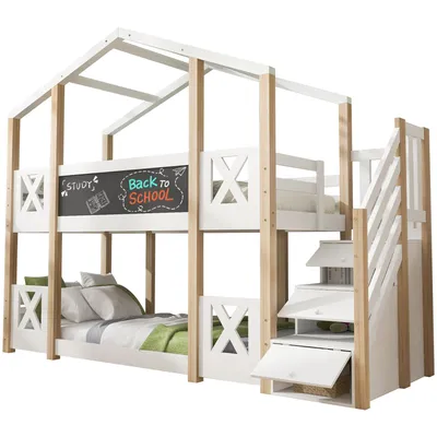 Produktbild von Etagenbett, 90x200 cm, Kinderbett mit 2 Schlafgelegenheiten, Lattenrost und Treppe, Hausbett aus Kiefer, Hochbett inkl. Rausfallschutz