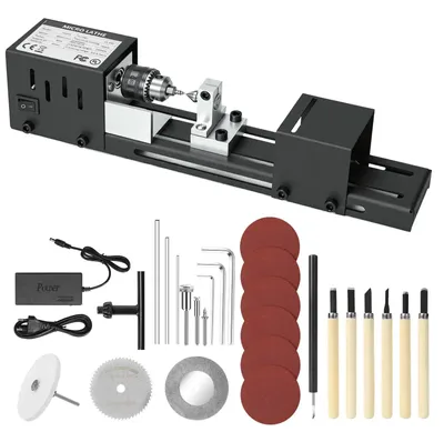 Immagine prodotto di Mini tornio per legno - Tornio orizzontale per legno - Velocità variabile regolabile - Ideale per la lavorazione del legno fai-da-te - Per levigatura e lucidatura - Attrezzo per foratura e rotazione