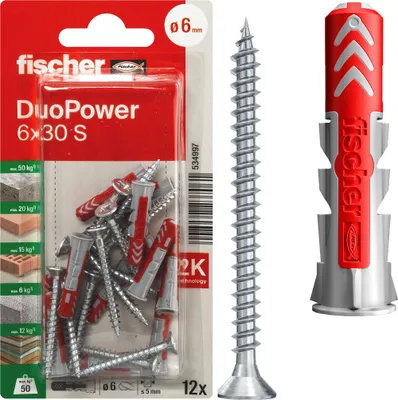 Obrázek produktu pro Fischer 534997, Sada šroubů a hmoždinek, Nylon, Šedá, Červená, Křížový, PZ2, 6 mm