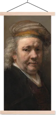 Produktbild von MuchoWow® Textilposter Selbstbildnis - Gemälde von Rembrandt van Rijn 40x80 cm mit holzfarbenen Rahmen - Wohnzimmer
