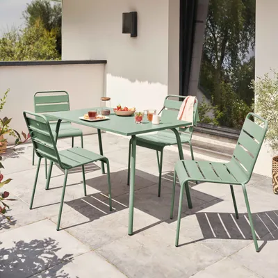 Image de Ensemble table de jardin en métal et 4 chaises vert sauge - Oviala Palavas