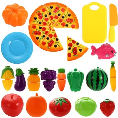 Immagine prodotto di 24 pezzi di giocattolo per bambini: cucina con verdure, frutta e pizza da tagliare