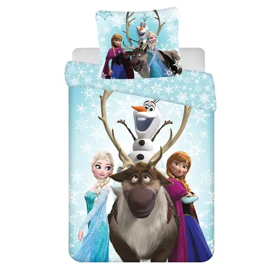 Zdjęcie produktu dla Pościel dziecięca Disney Frozen Anna Elsa Bałwanek Olaf Renifer Sven Magiczne płatki śniegu Biała kołdra 160 x 200 cm + poduszka 70 x 80 cm 100% bawełna
