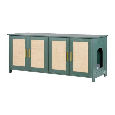 A green cabinet with rattan doors and a cat entrance on the side, presented against a white background.
