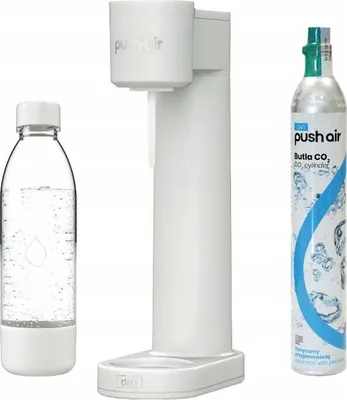 A white soda maker, a clear plastic bottle filled with water, and a silver CO2 cylinder are arranged on a white background.