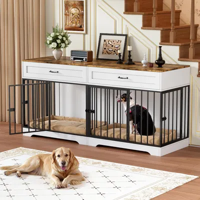 Produktbild von Hundekäfig mit 4 Türen 2 Hunde, 178*85cm, Hundebox Mit 2 Schubladen & abnehmbar Trennwand XXL Stabile Hundehütte mit Tischoberfläche Bis zu 150KG