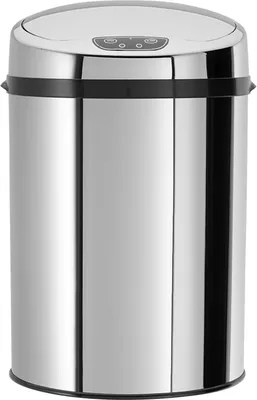 A stainless steel trash can with a sensor lid.