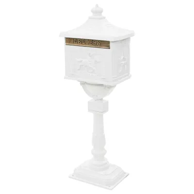 A white vintage-style mailbox on a pedestal, presented against a white background.