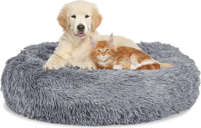 Produktbild von Eikuavons Rundes Hundebett Katzenbett Ø 60 cm, Langplüsch, rutschfester Boden, Hellgrau