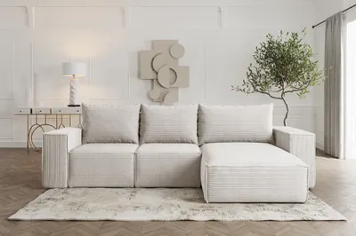 Produktbild von Ecksofa Sofa mit Schlaffunktion ESTELLE in Stoff Poso Creme Ottomane Rechts