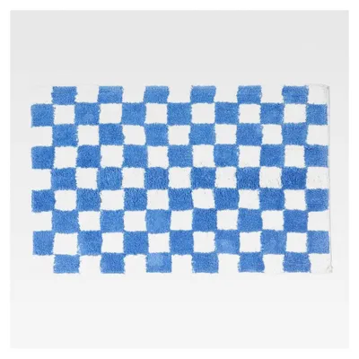 Produktbild von Badematte aus Baumwolle in Blau-Weiß kariert, Badvorleger 50x80 cm, rutschfest und waschbar mit Schachbrett-Muster
