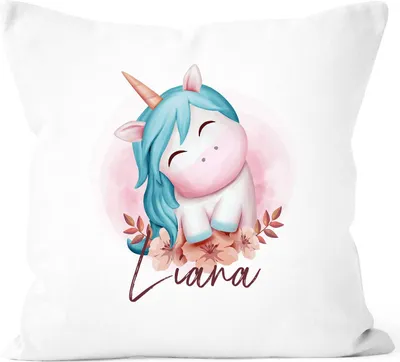Produktbild von Kissen-Bezug Kinder mit Namen Einhorn Motiv Wunschname Namenskissen Mädchen Baby SpecialMe® weiß 40cm x 40cm