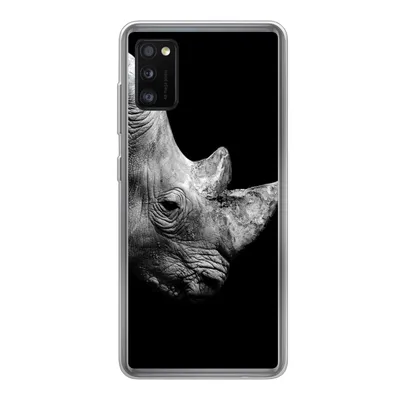 Produktbild von MuchoWow® Handyhülle Schutzhülle Hülle für Samsung Galaxy A41 Portrait Nashorn auf schwarzem Hintergrund Silikon Softcase Handy Hülle - Mobiltelefon