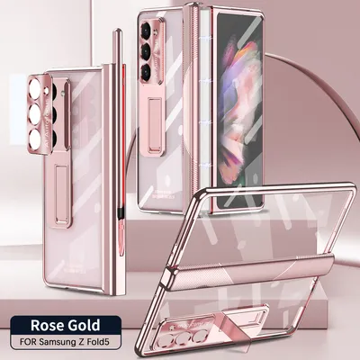 Produktbild von Hülle für Samsung Galaxy Z Fold 5 Magnetscharnier, Ständer, Stifthalter, Schutzhülle mit Linsenfolie, Bildschirmfolie Pink