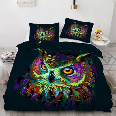 Produktbild von Bettwäsche-Set Eule 155x220 cm 3-teilig Mikrofaser Bunt Graffiti 3D Wendebettwäsche mit Reißverschluss 2 Kissenbezüge 80x80 cm