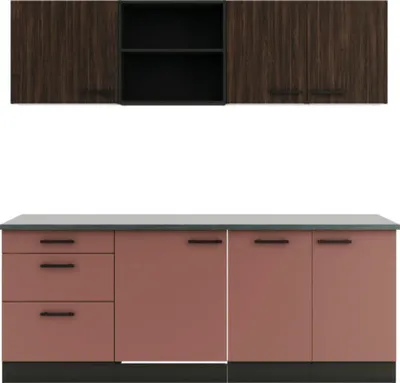 Produktbild von Optifit Küchenzeile ohne Geräte Rimini409/Nizza407 210 cm nussbaum rostrot matt zerlegt Variante reversibel KPRN 2199ROE