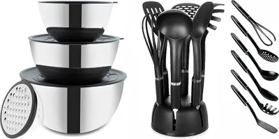 Produktbild von BEM Küchenset - Schüssel Set mit Deckel und Reibe, 3 Größe 1.8L 3.4L 5.5L und 6-tlg. Küchenutensilien Kochlöffel Küchenhelfer Set mit Behälter
